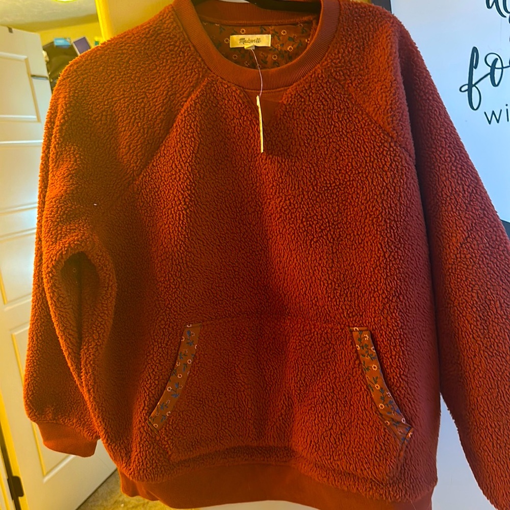 Madewell burnt orange Sherpa sweatshirt with floral patches, size small